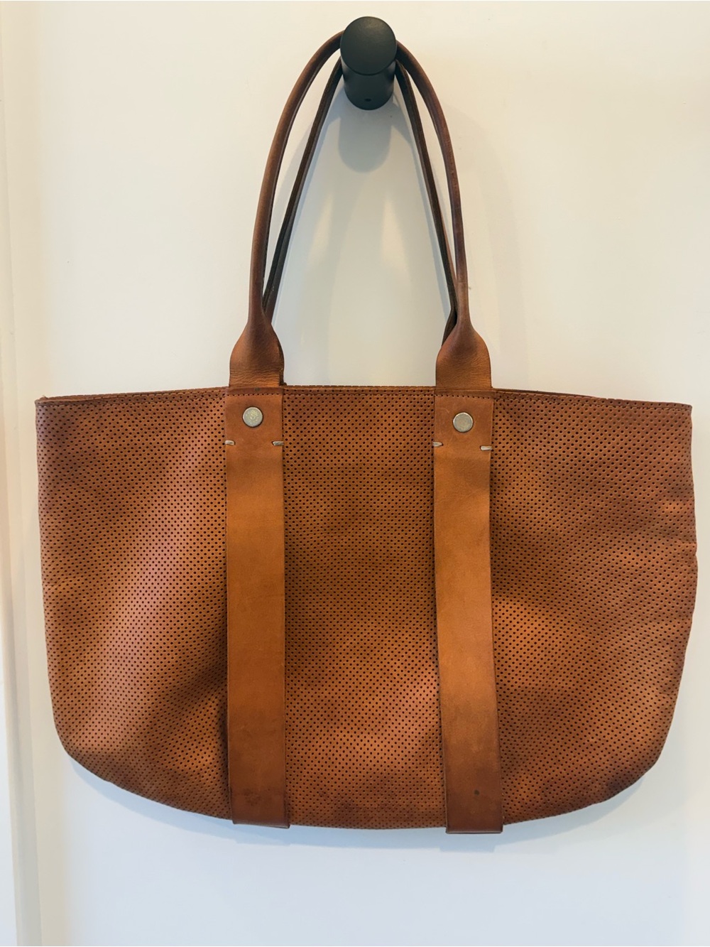 Clare V. La Tropezienne Perforated Leather Tote | Cognac Brown | Made in USA - Picture 2 of 16